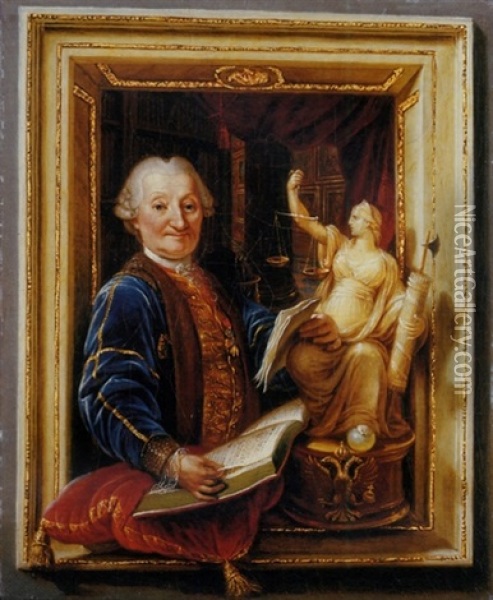 Portrait Of Wenzel Anton, Furst Von Kaunitz, Resting His Right Hand On An Open Book And His Left On A Statue Of Justice, A Library Beyond Oil Painting - Ignaz Unterberger