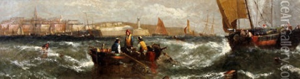 Fishermen In Their Boats In A Rough Sea Before A Harbor Oil Painting - William Callcott Knell