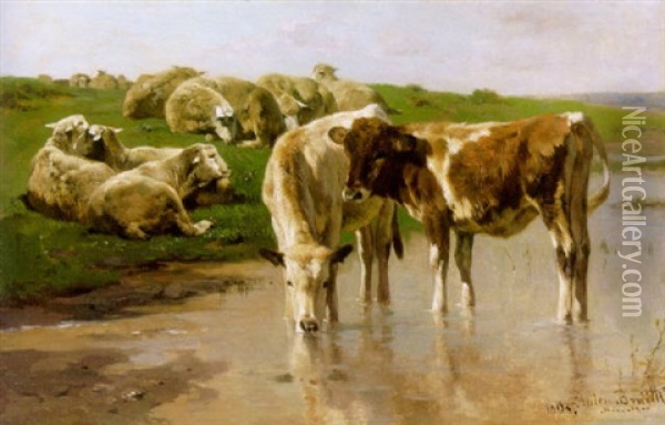 Jungvieh Im Flachen Ufer Eines Sees Oil Painting - Anton Braith