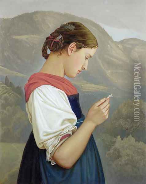 Tyrolean Girl Contemplating a Crucifix, 1865 Oil Painting - Friedrich Wasmann