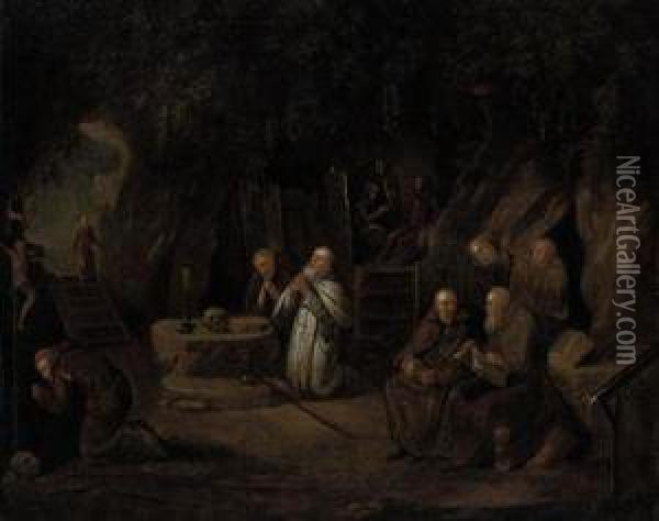 Hermit Monks In A Grotto Oil Painting - Egbert Ii Van Heemskerck