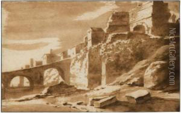 View Of The Walls Of An Italian Town, With Antique Ruins And A Bridge Oil Painting - Jacob Van Der Ulft