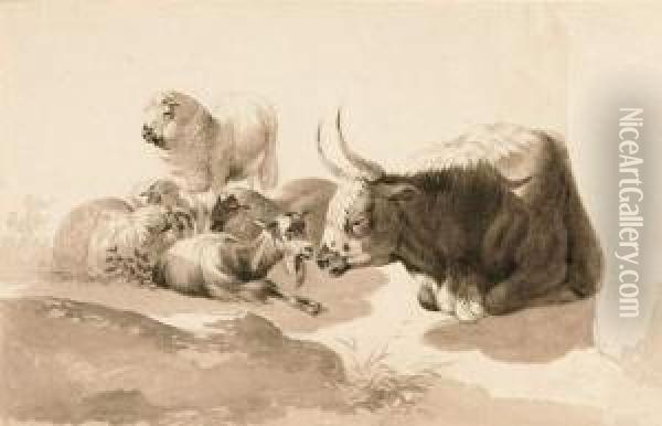 Tierstudie Mit Kuh, Schaf Und Ziege. Oil Painting - Friedrich Otto Gebler