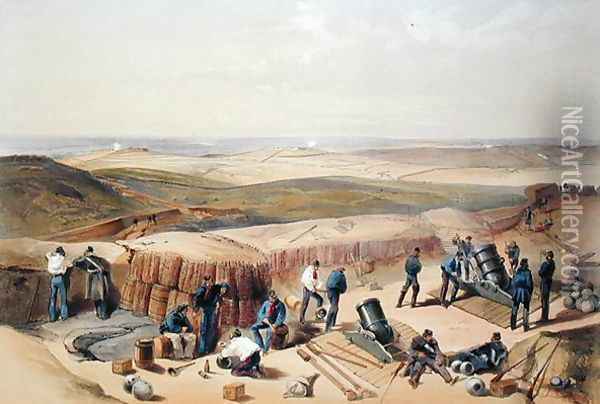 The New Works on the Right Attack, plate from The Seat of War in the East, published by Colnaghi and Co., 1856 Oil Painting - William Simpson