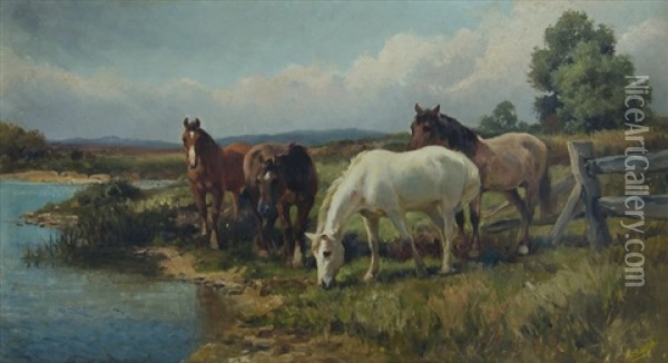 Horses At Water Oil Painting - Frederic Legge