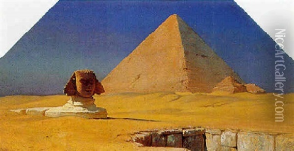 Motiv Fra Egypten Med Cheopspyramiden Og Den Store Sfinks Ved Giza Oil Painting - Carl Johann Neumann