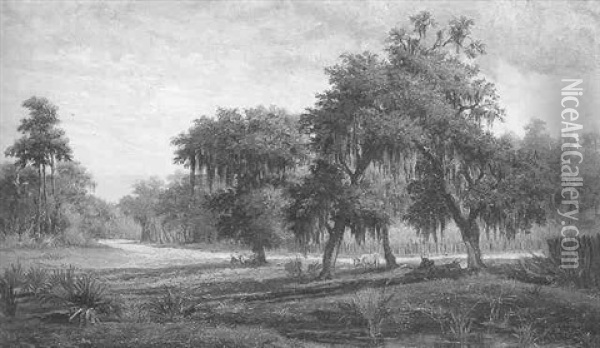 Louisiana Landscape With Cattle Grazing In The Shade Of Oaks At Roadside Oil Painting - Charles Wellington Boyle