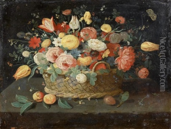 Bouquet De Fleurs Dans Un Panier Pose Oil Painting - Jan van Kessel the Younger