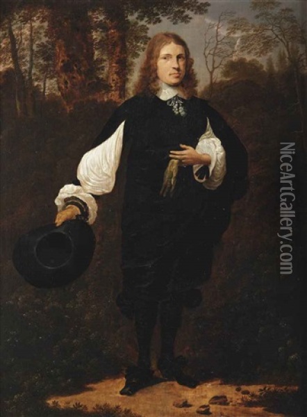 Portrait Of A Gentleman, Full-length, In A Black Costume With White Sleeves, Cuffs And Collar, Holding His Hat In His Right Hand And A Glove In His Left Hand, Standing In Wooded Landscape Oil Painting - Thomas De Keyser