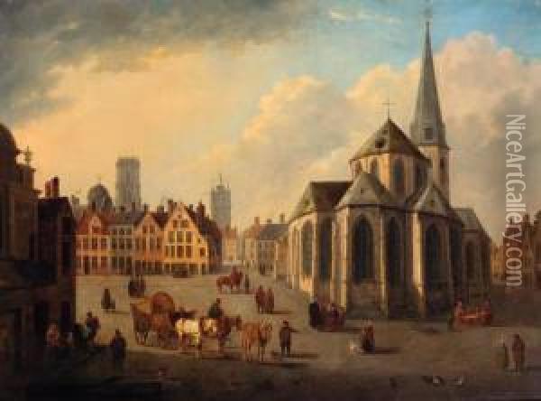 Numerous Townsfolk On A Square, Gent Oil Painting - Emile Pierre J. De Cauwer