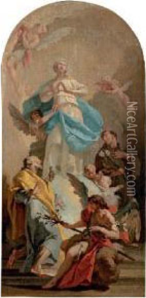 The Immaculate Conception With Saints Joseph And Anthony, In A Painted Arched Top Oil Painting - Giovanni Battista Pittoni the younger