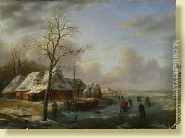 Paysage Hivernal Aux Patineurs Oil Painting - Albert Edouard Moerman