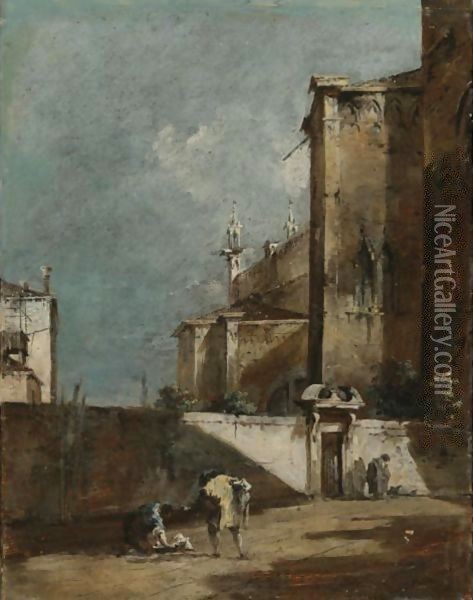 Architectural Capriccio With Figures By The Walled Garden Of A Gothic Church Oil Painting - Francesco Guardi