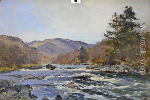 'a Highland River'. Oil Painting - Archibald Kay