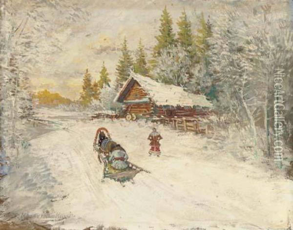 A Winter Scene With A Horse-drawn Sled Oil Painting - Konstantin Alexeievitch Korovin