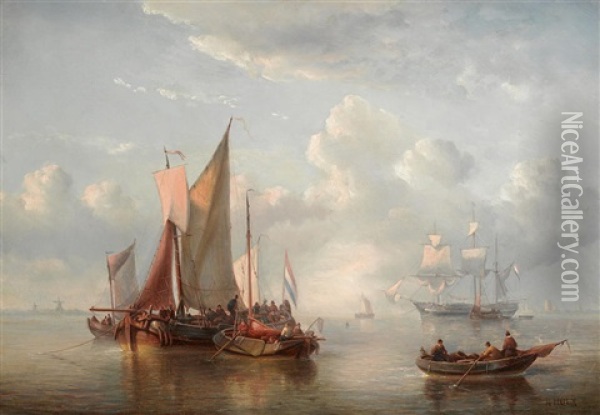 Dutch Coastal Vessels With Windmills In The Distance Oil Painting - Abraham Hulk the Elder