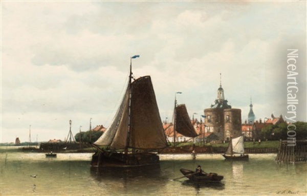 View Of The Harbour Of Enkhuizen With The Drommedaris In The Background Oil Painting - Johan Adolph Rust