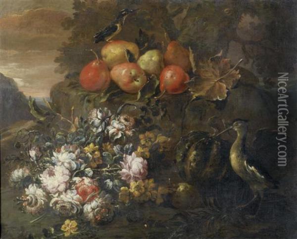 Still Life
With Flowers And Fruit In A Landscape With Birds. Oil Painting - Felice Fortunato Biggi Dei Fiori