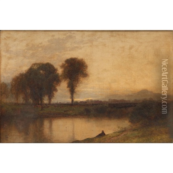 Tonalist Landscape With Lake Oil Painting - John Bunyan Bristol