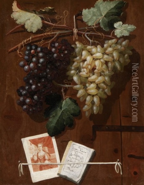Trompe-l'oeil Einer Holzture Mit Hangenden Weintrauben Und Rotelzeichnung Oil Painting - Ildefons Troxler