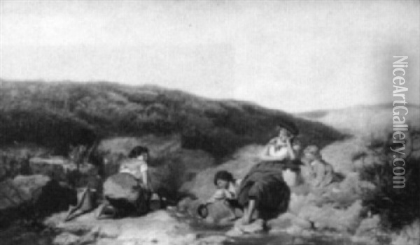 Children At Water Hole Oil Painting - George Morton