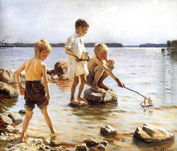 Boys Playing at the Beach Oil Painting - Albert Edelfelt