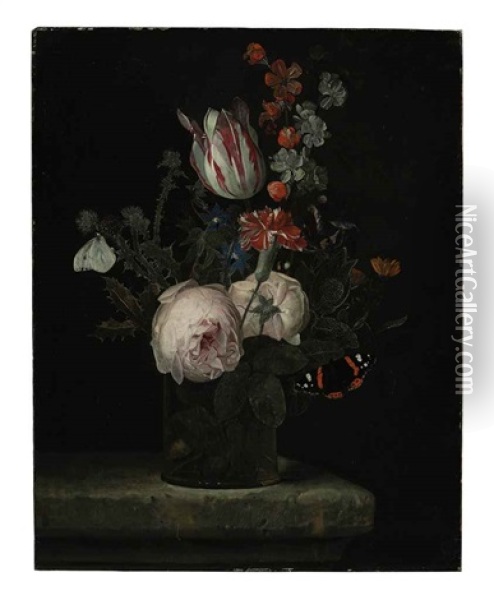 Flowers In A Glass Vase On A Marble Ledge With Two Butterflies Oil Painting - Adriaen Van Der Spelt