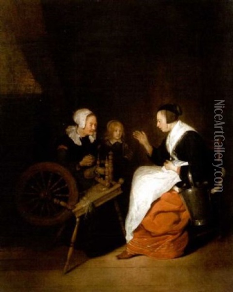 A Cottage Interior With A Woman At A Spinning Wheel With A Young Boy And A Maid Oil Painting - Quiringh Gerritsz van Brekelenkam