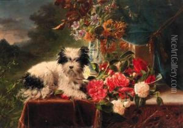 Camellias And A Terrier On A Console Oil Painting - Adriana-Johanna Haanen