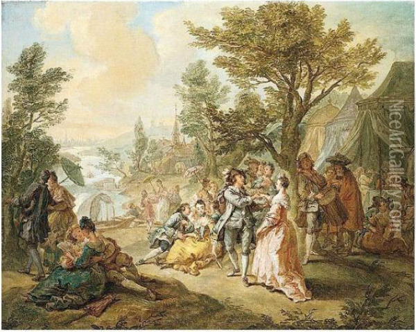 A Fete Galante Beside A River With Elegant Figures Embarking A Boat Beyond Oil Painting - Jean Benard