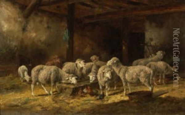 Schafe Und Huhner An Einer Futterkrippe Im Stall Oil Painting - Louise J. Guyot
