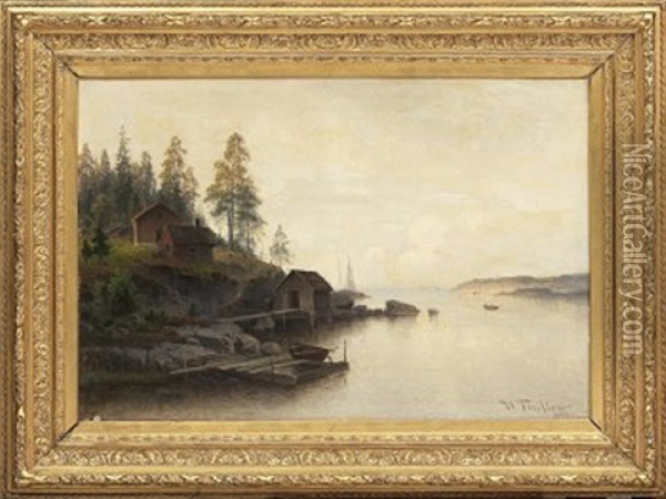 Kustlandskap Med Figurer Och Stugor Oil Painting - Harald (Sten H.) Torsslow