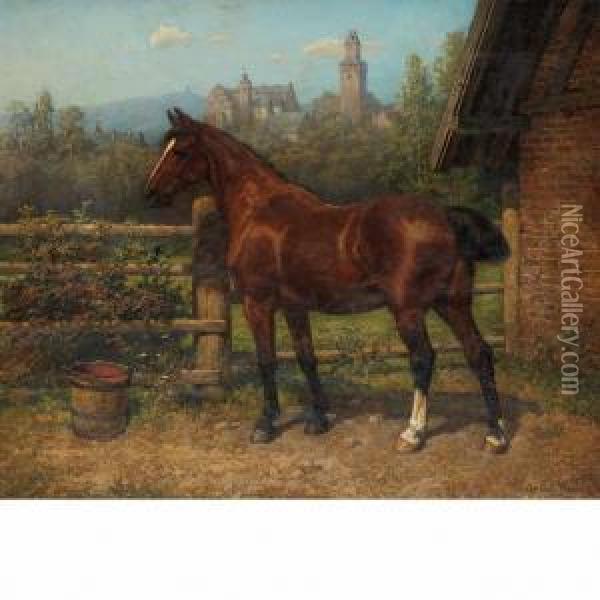 A Bay Hunter Beside A Stable With Castle In The Distance Oil Painting - Heinrich Winter