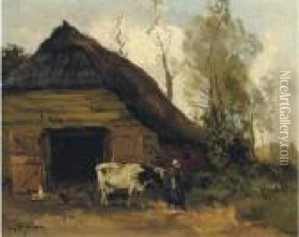 A Cowherdess By A Shed Oil Painting - Willem George Fred. Jansen