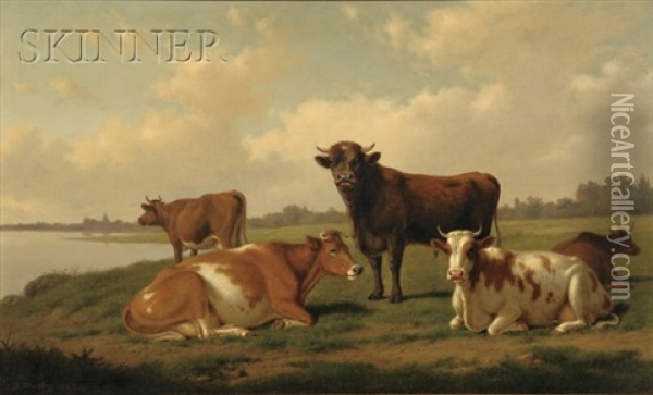 Pastoral View With Cows Oil Painting - Thomas Hewes Hinckley