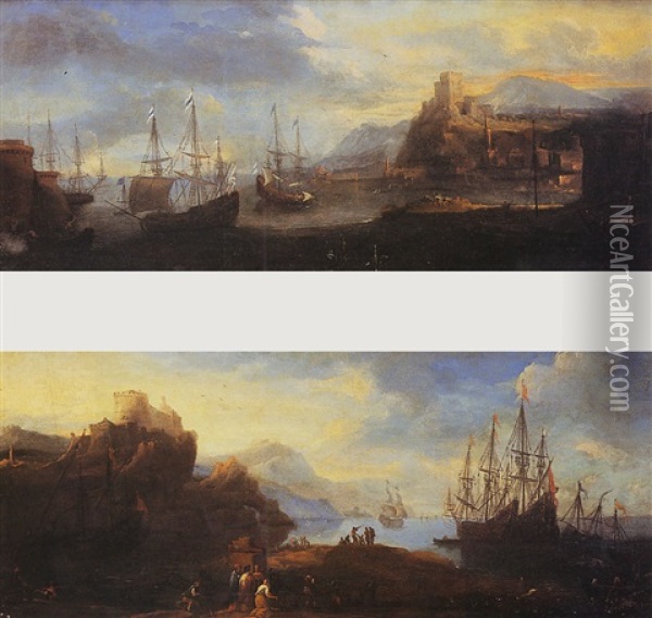 Navires De Commerce Pres De Ports Mediterraneens Oil Painting - Jan-Baptiste van der Meiren