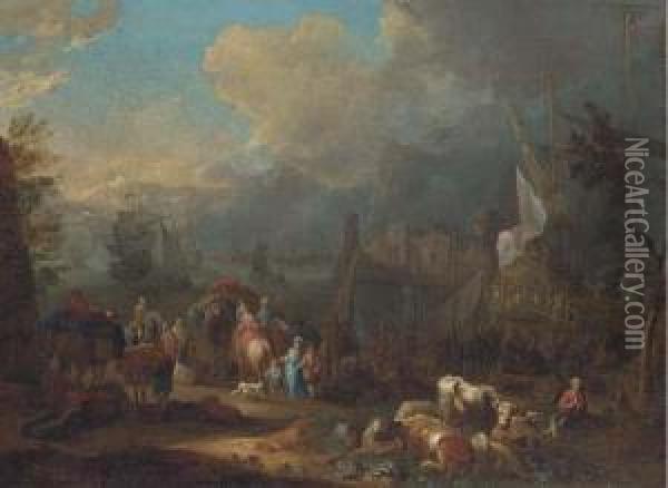 An Italianate Harbour With Peasants And Elegant Figures By Afrigate Oil Painting - Peter Tillemans