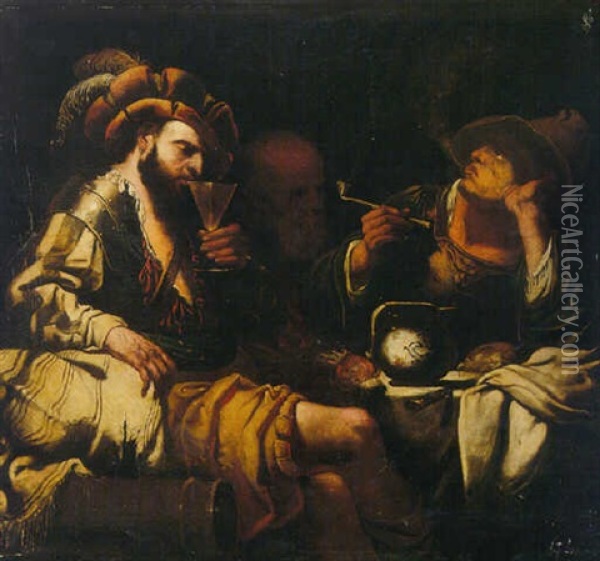 Soldiers Smoking And Drinking, Another Man Looking On Beyond Oil Painting - Pietro Martire Neri