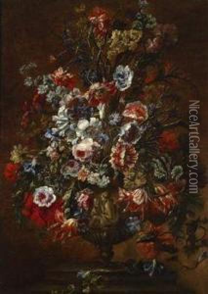 A Still Life Of Flowers In A Sculpted Stone Vase Oil Painting - Giovanni Stanchi
