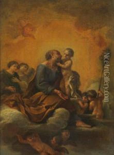 Saint Joseph Et L'enfant Jesus Entouresd'anges Et D'angelots Oil Painting - Domenico Pedrini