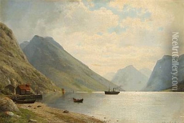 Fjord Landscape On A Cloudy Summer Day (norway?) Oil Painting - Georg Emil Libert