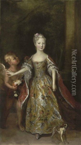 Portrait Of A Lady, Probably Archduchess Maria Anna Of Austria, In A Gold-and-jewel-embroidered Dress, With A Fleur-de-lys Cape, A Figure Of Cupid And A Small Dog Beside Oil Painting - Antoine Pesne