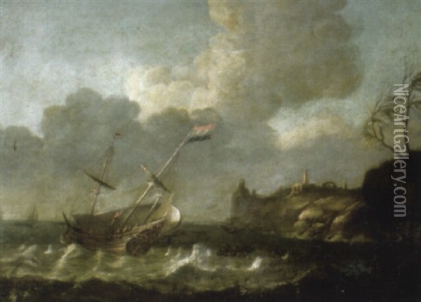 A Dutch Two-master In A Storm Oil Painting - Pieter Mulier the Younger