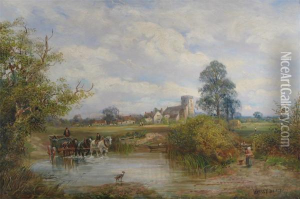 A Village Scene By A Ford Oil Painting - George Warren Blackham