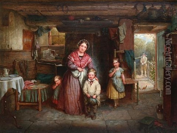 Leaving Home, A Cottage Interior With Mother And Children Oil Painting - Edwin Cockburn