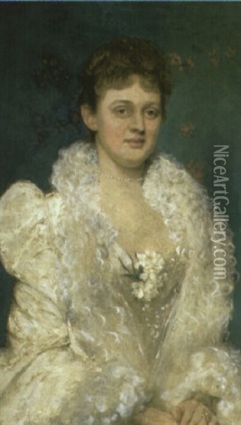 Portrait Of Mrs. Tarn In White Dress And Pearl Choker Oil Painting - Albert Aublet