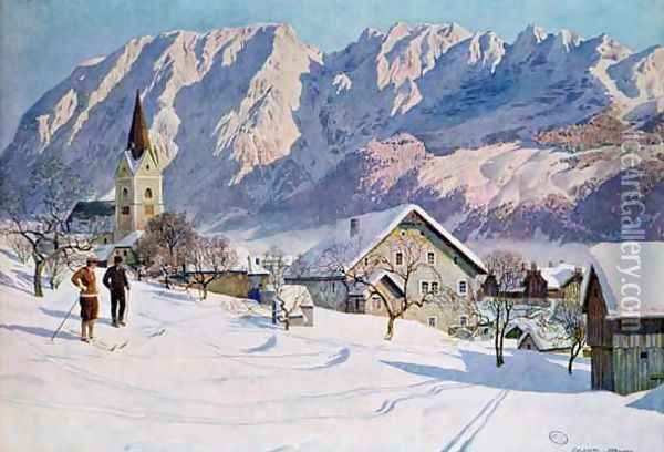 Mitterndorf in Austria after an original watercolour Oil Painting - Jahn, Gustave