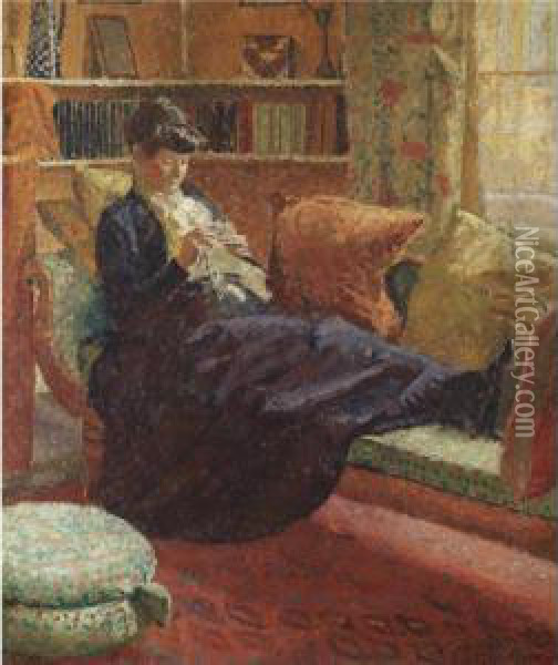 Woman Sewing On A Couch Oil Painting - Malcolm Drummond