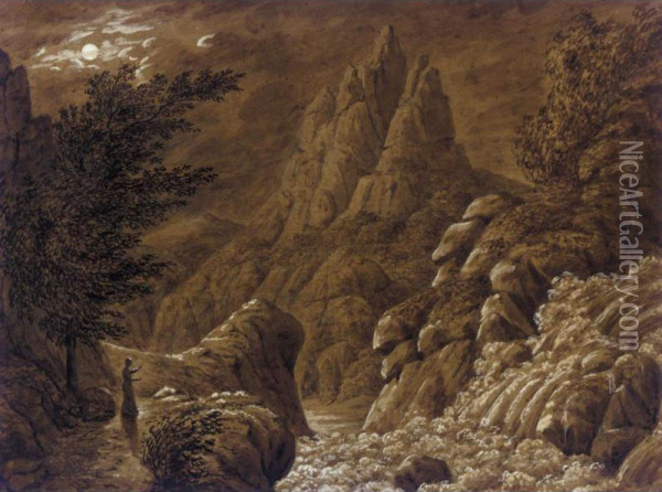 Ideale Gebirgslandschaft Mit Wasserfall (idealised Landscape With Waterfall) Oil Painting - Caspar David Friedrich