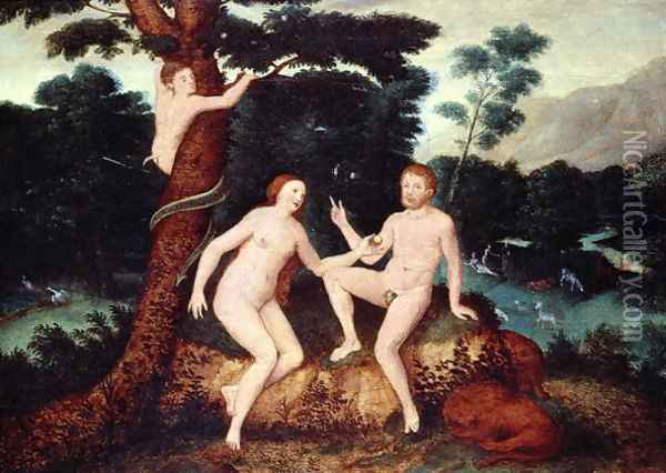 Adam and Eve in the Garden of Eden Oil Painting - Anonymous Artist